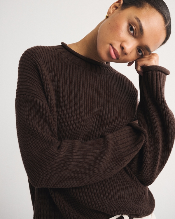 100% Cotton Roll Neck Crew Sweater, Brown view 1