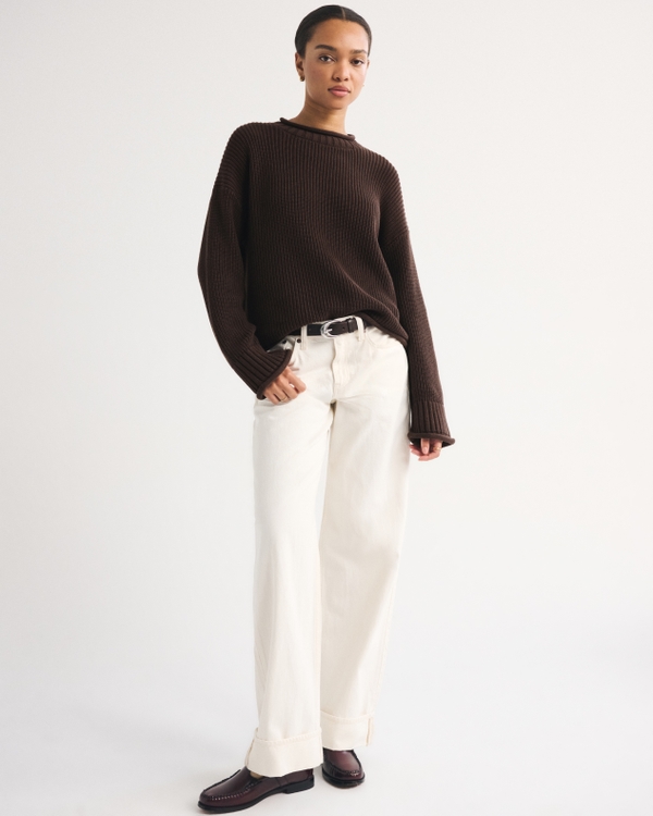 100% Cotton Roll Neck Crew Sweater, Brown view 2