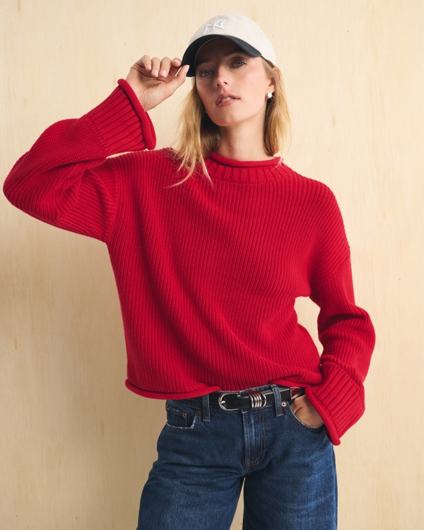 100% Cotton Roll Neck Crew Sweater, Vivid Red view 1
