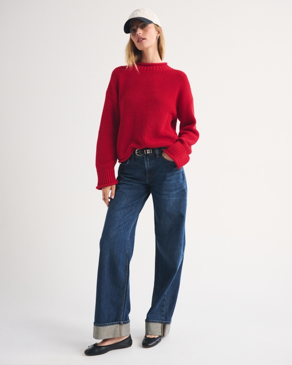 100% Cotton Roll Neck Crew Sweater, Vivid Red view 2