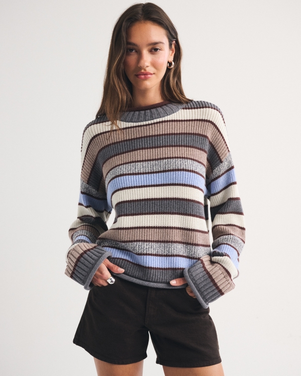 100% Cotton Roll Neck Crew Sweater, Brown Stripe view 1