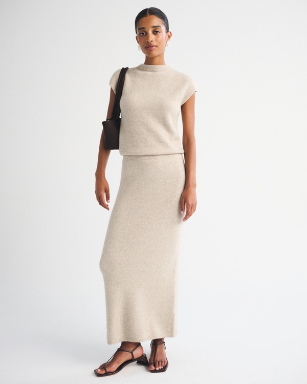 Merino Wool-Blend Short-Sleeve Mock Neck Sweater, Tan view 2
