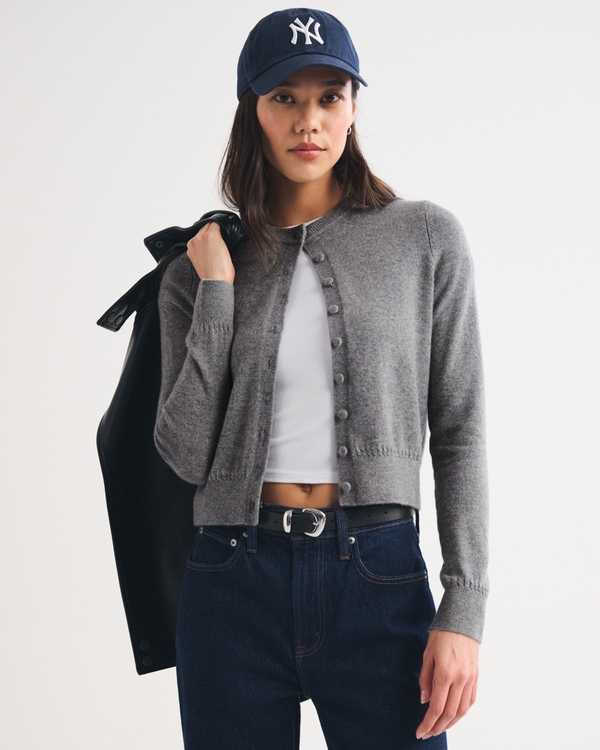 100% Cashmere Shrunken Cardigan, Gray view 1