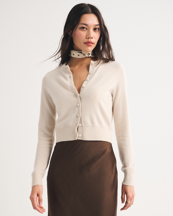 100% Cashmere Shrunken Cardigan, Light Beige view 1