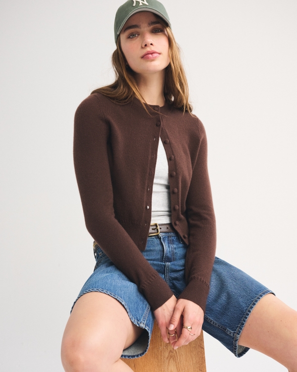 100% Cashmere Shrunken Cardigan, Coffee view 1