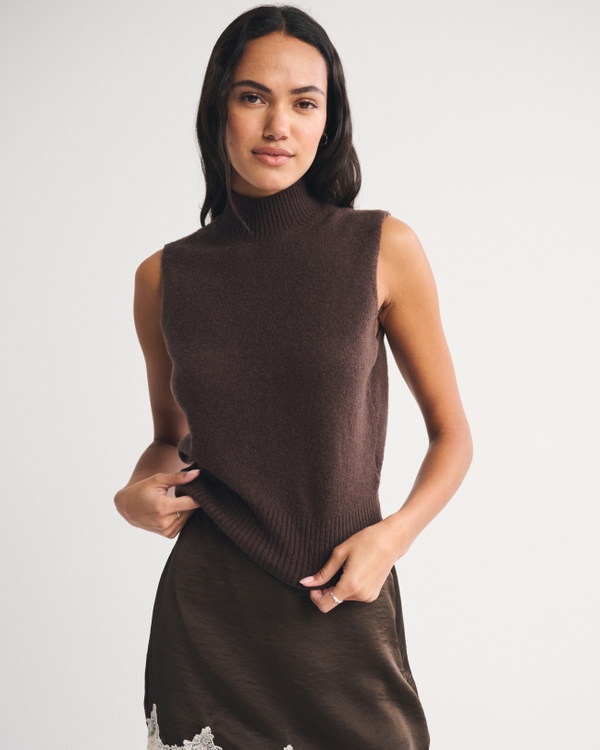 Merino Wool-Blend Sweater Shell Top, Dark Brown view 1