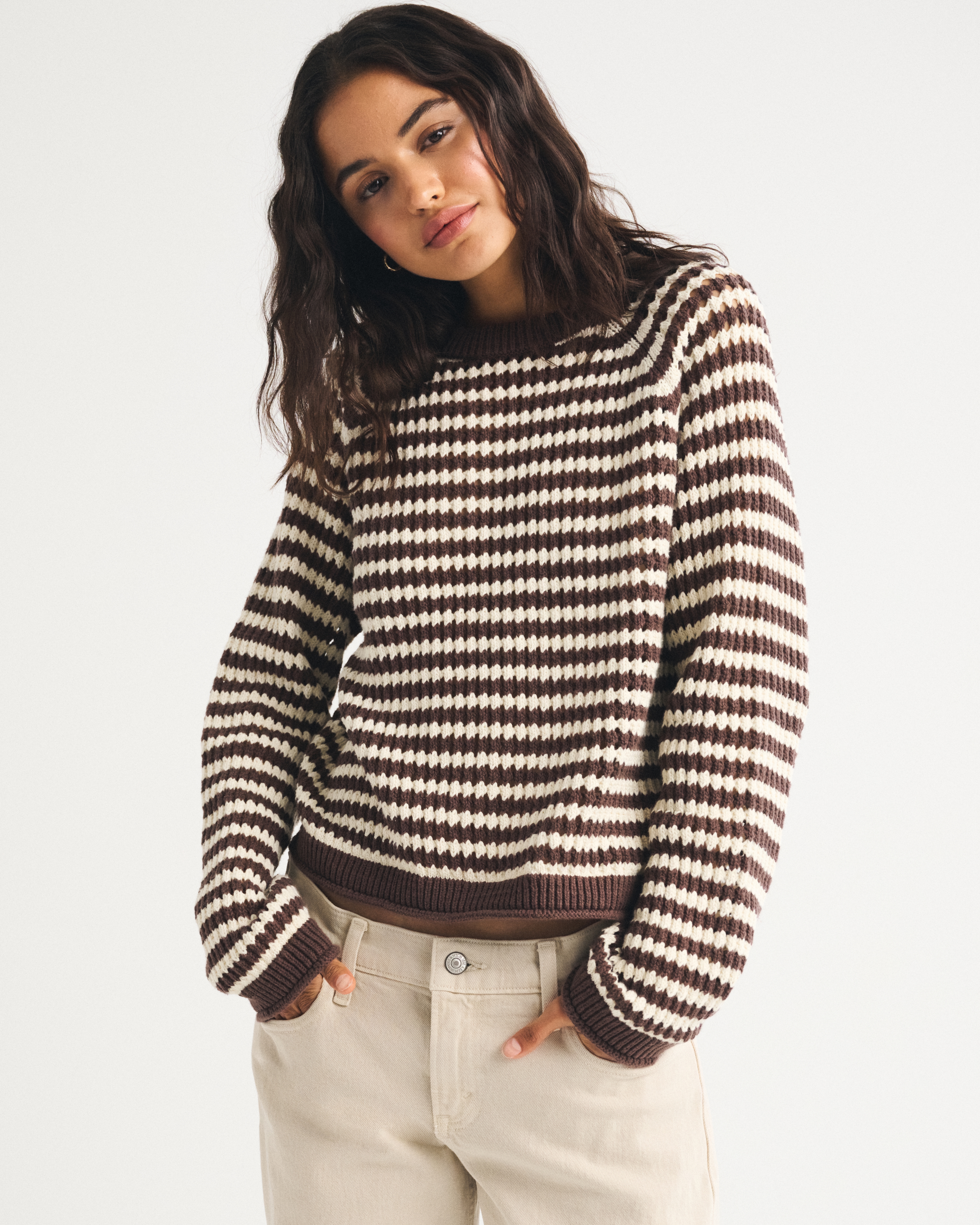 Женский свитер Abercrombie & Fitch 100% Cotton A&F Madeline Whipstitch Crew, цвет: Коричневый полосатый — фото 2