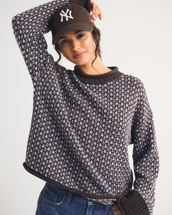 100% Cotton Roll Neck Crew Sweater, Brown Pattern view 1