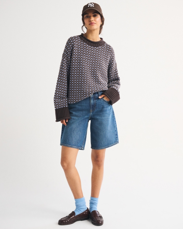 100% Cotton Roll Neck Crew Sweater, Brown Pattern view 2