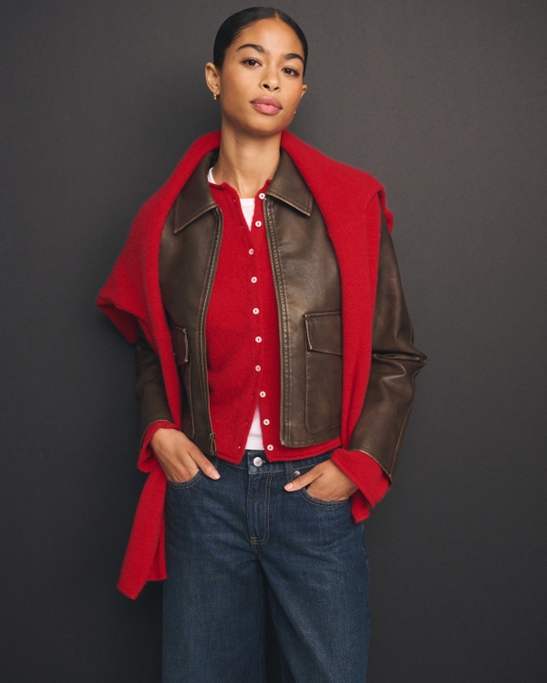Merino Wool-Blend Roll Neck Cardigan, Vivid Red view 1