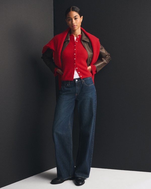 Merino Wool-Blend Roll Neck Cardigan, Vivid Red view 2