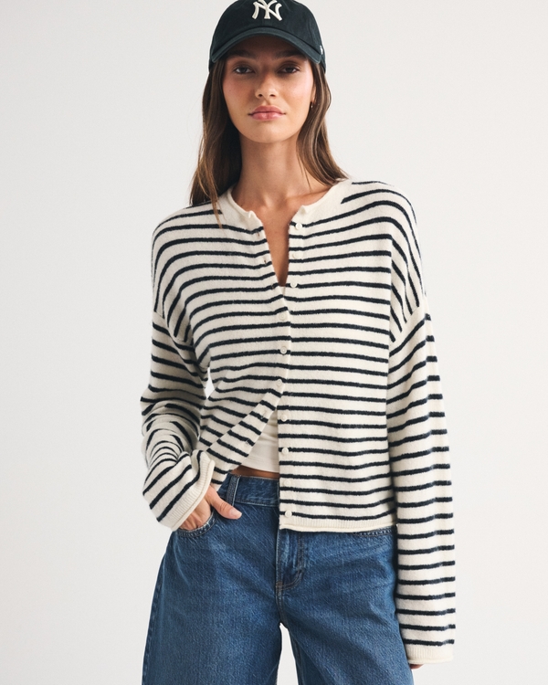 Merino Wool-Blend Roll Neck Cardigan, Cream Stripe view 1
