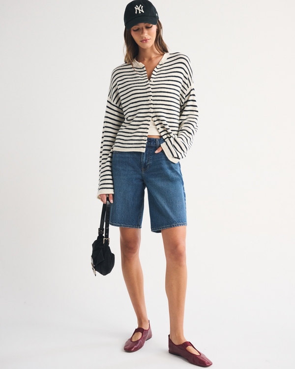Merino Wool-Blend Roll Neck Cardigan, Cream Stripe view 2