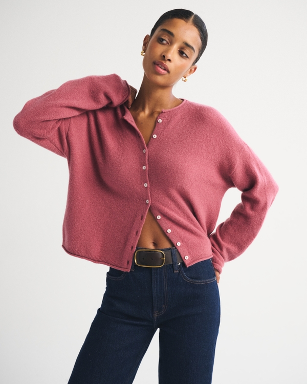 Merino Wool-Blend Roll Neck Cardigan, Cool Blush view 1