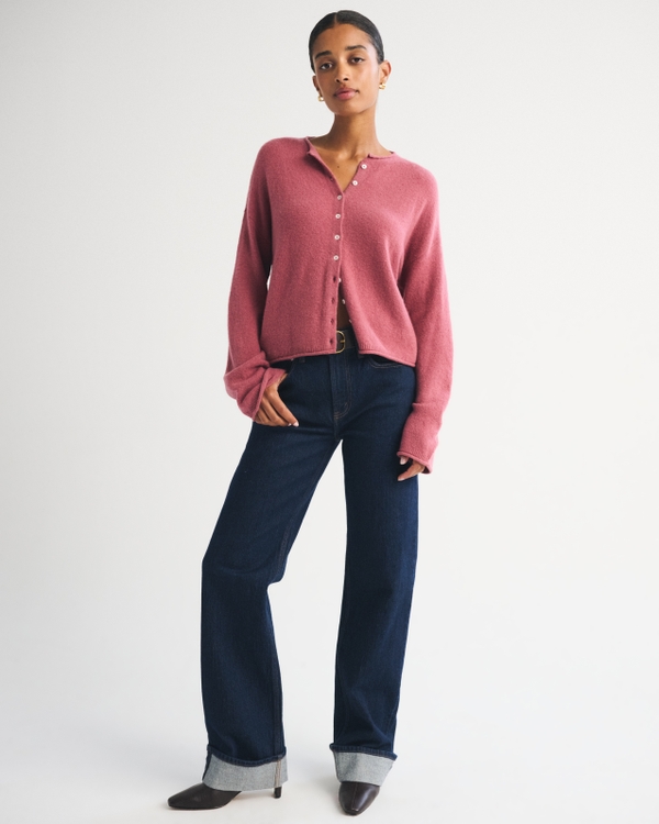 Merino Wool-Blend Roll Neck Cardigan, Cool Blush view 2