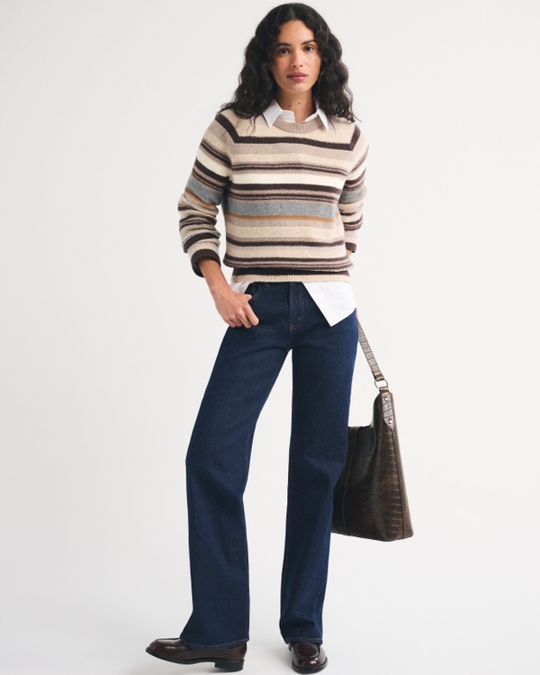 A&F Madeline Crew Sweater, Light Brown Stripe view 2