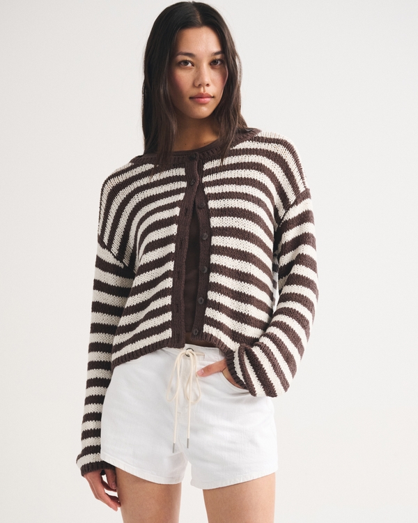 Cardigan à col rond en fil texturé ajourée, Marron Rayé view 1
