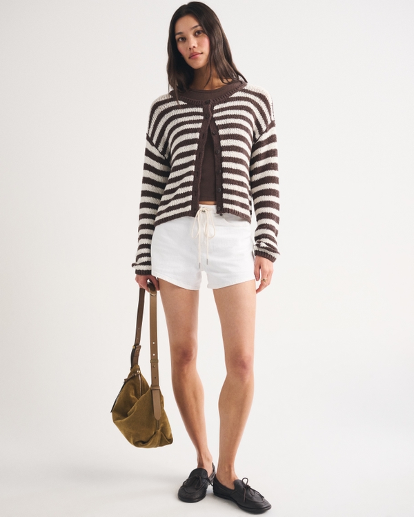 Cardigan à col rond en fil texturé ajourée, Marron Rayé view 2