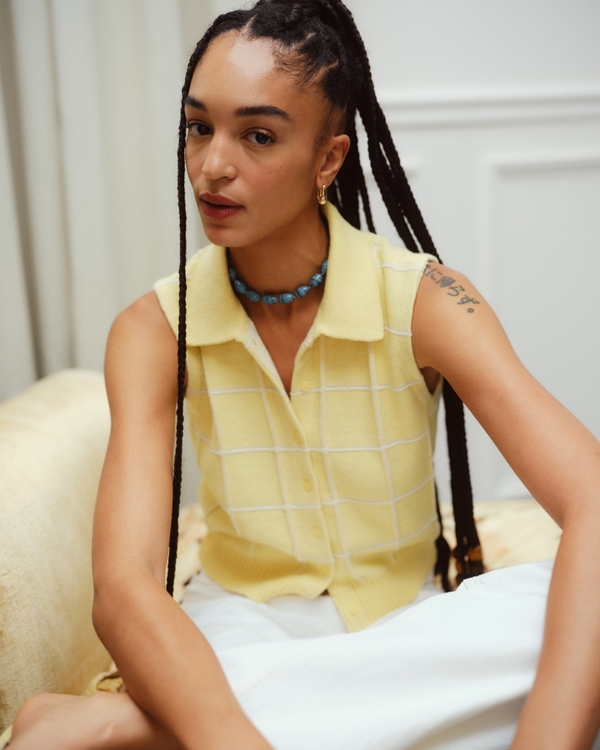 Collared Button-Through Sweater Shell, Yellow view 1