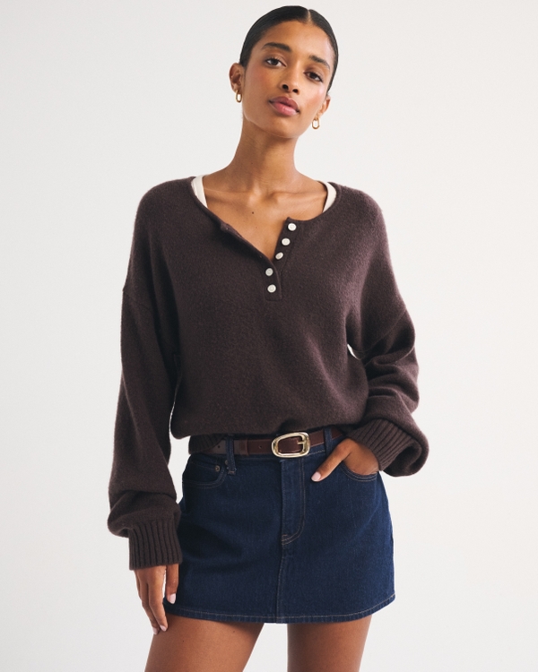 Merino Wool-Blend Henley Sweater, Dark Coffee view 1