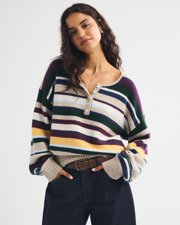Merino Wool-Blend Henley Sweater, Brown Stripe view 1