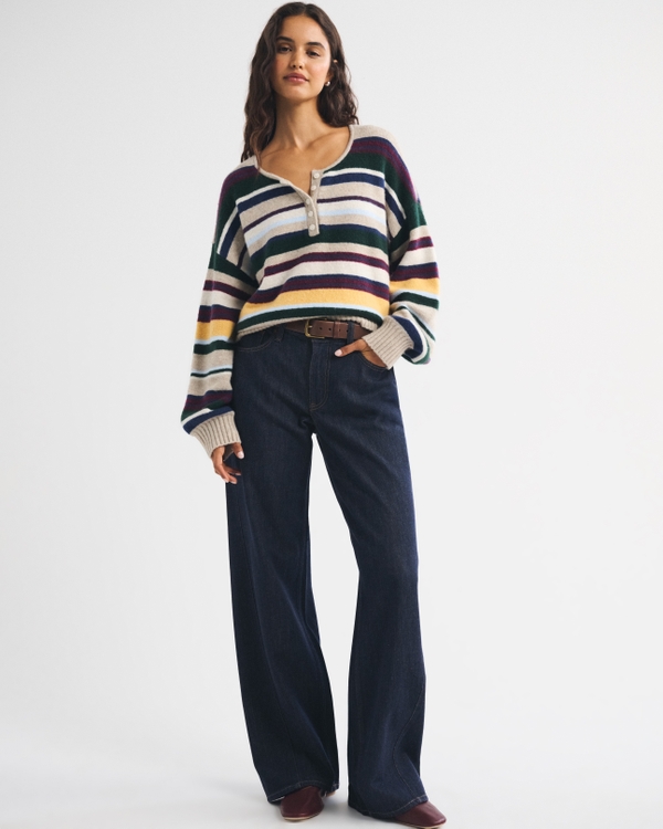 Merino Wool-Blend Henley Sweater, Brown Stripe view 2