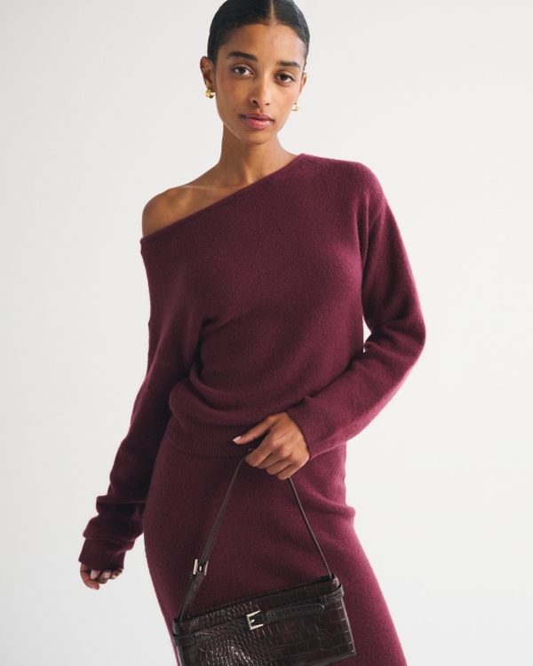 Merino Wool-Blend Slash Sweater, Red Wine view 1
