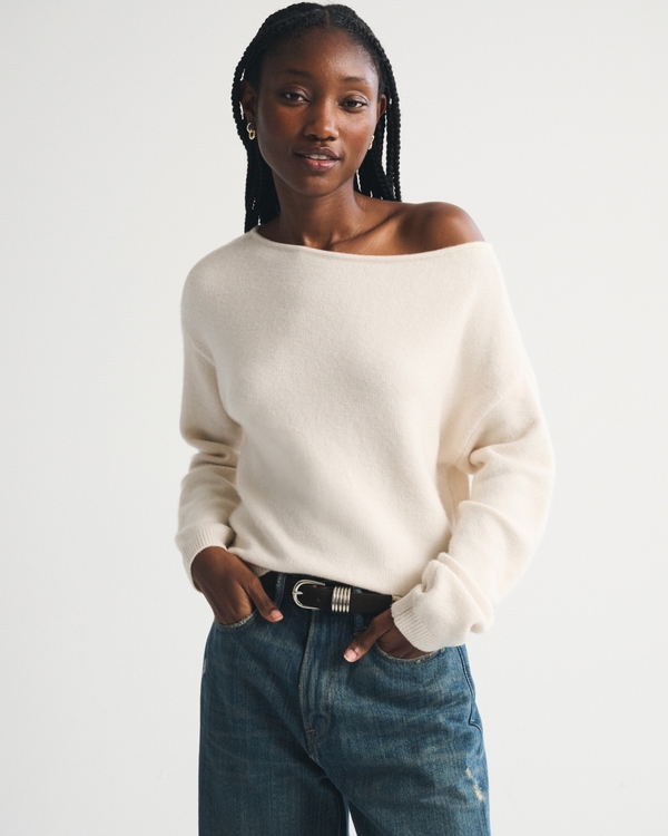 Merino Wool-Blend Slash Sweater, Warm Beige view 1