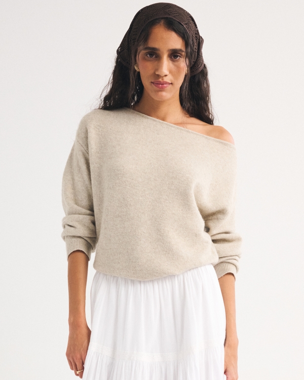 Merino Wool-Blend Slash Sweater, Tan view 1
