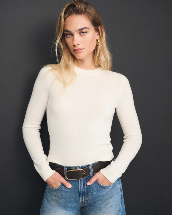 100% Cashmere Crew Sweater, Cream view 1