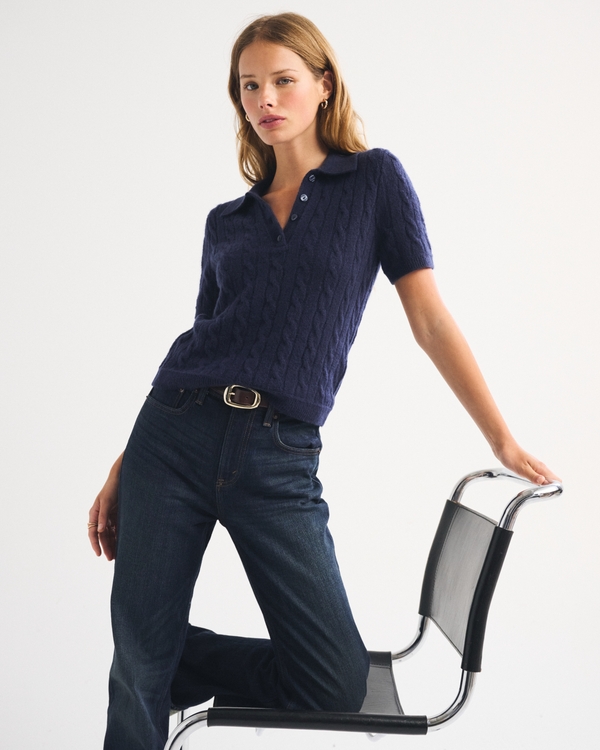 Merino Wool-Blend Cable Short Sleeve Polo by Abercrombie & Fitch