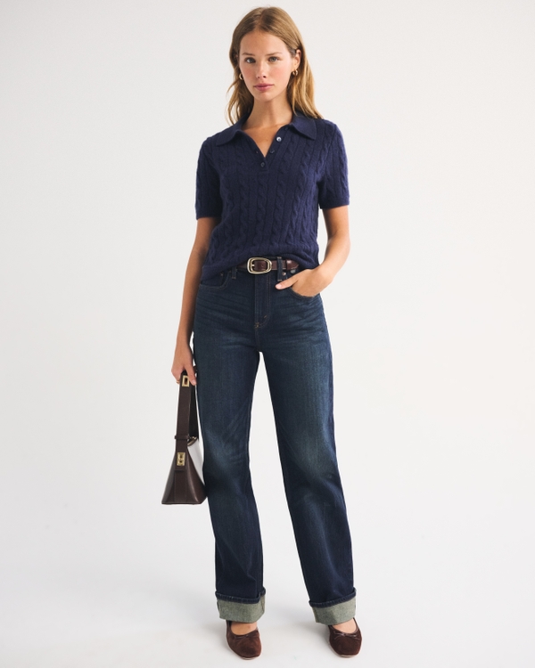 Merino Wool-Blend Cable Short Sleeve Polo, Muted Navy view 2