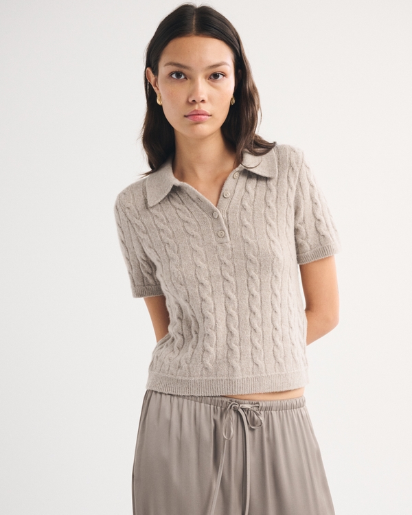 Merino Wool-Blend Cable Short Sleeve Polo