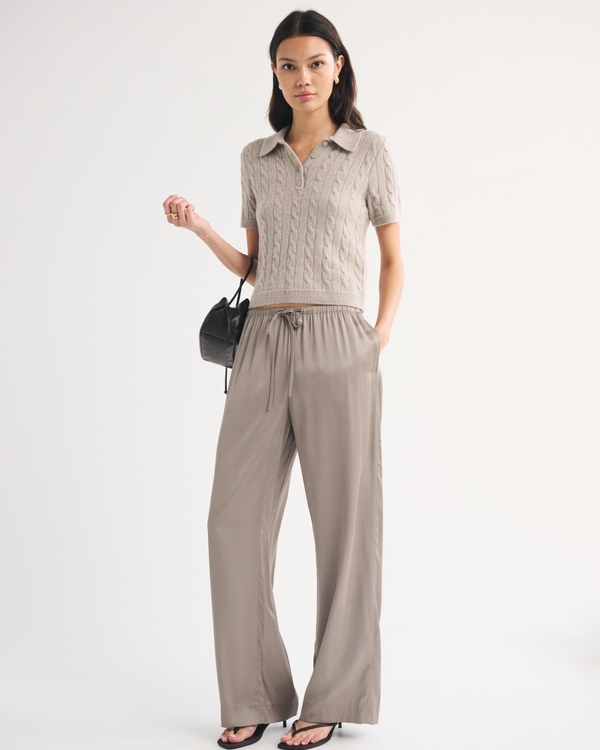 Merino Wool-Blend Cable Short-Sleeve Polo, Sand view 2