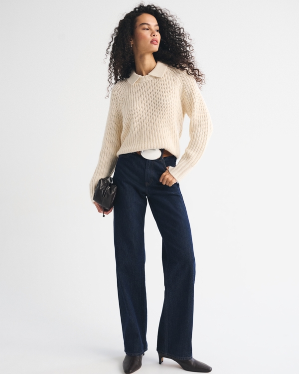 Airspun Cotton-Blend Collared Sweater, Cream view 2