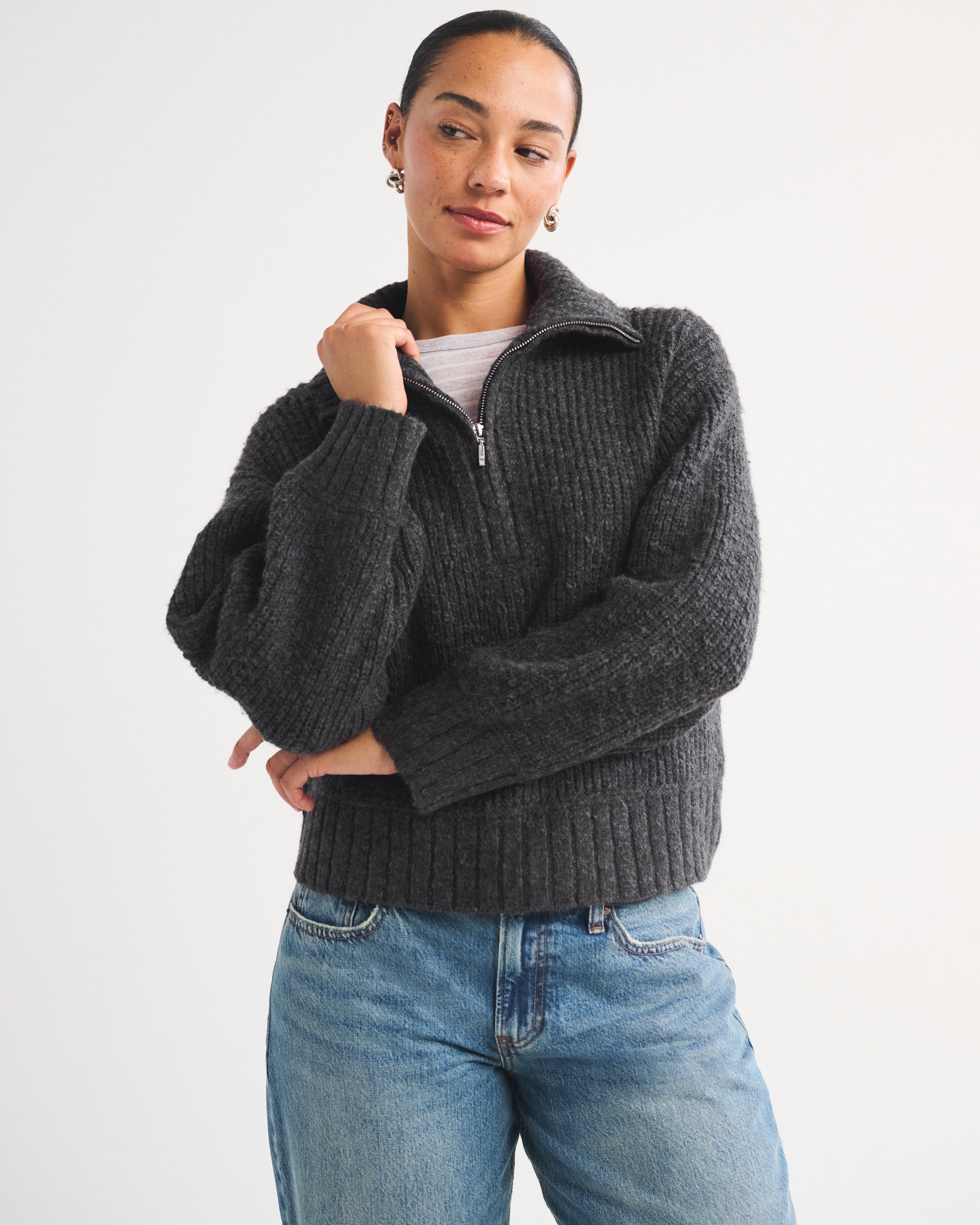 Женский свитер Abercrombie & Fitch Half-Zip, цвет: Тёмный серый — фото 2