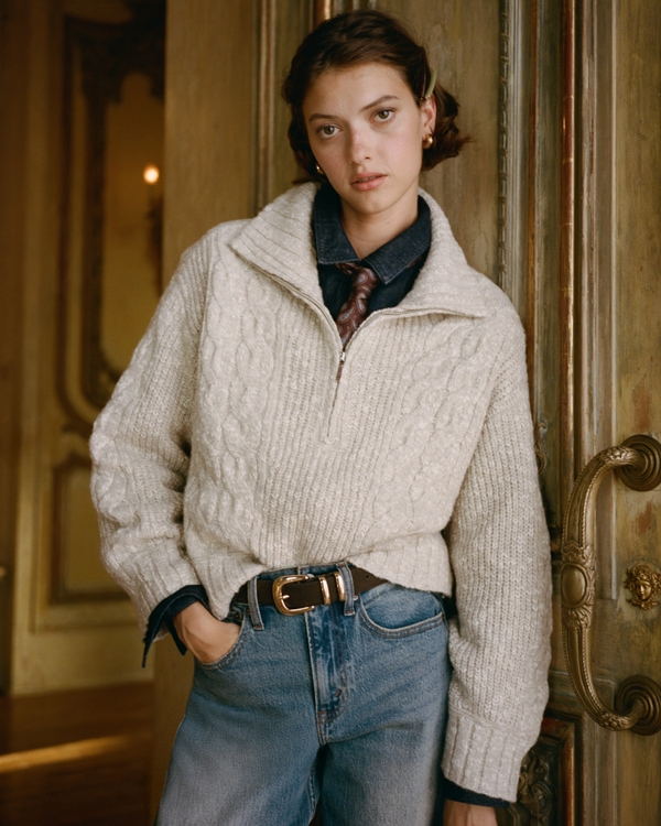Cable Half-Zip Sweater, Light Taupe Heather view 1