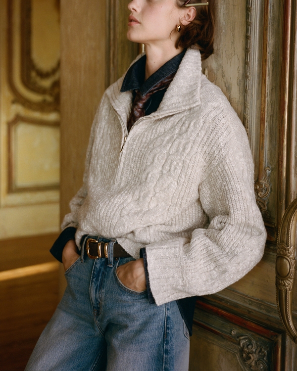 Cable Half-Zip Sweater, Light Taupe Heather view 2