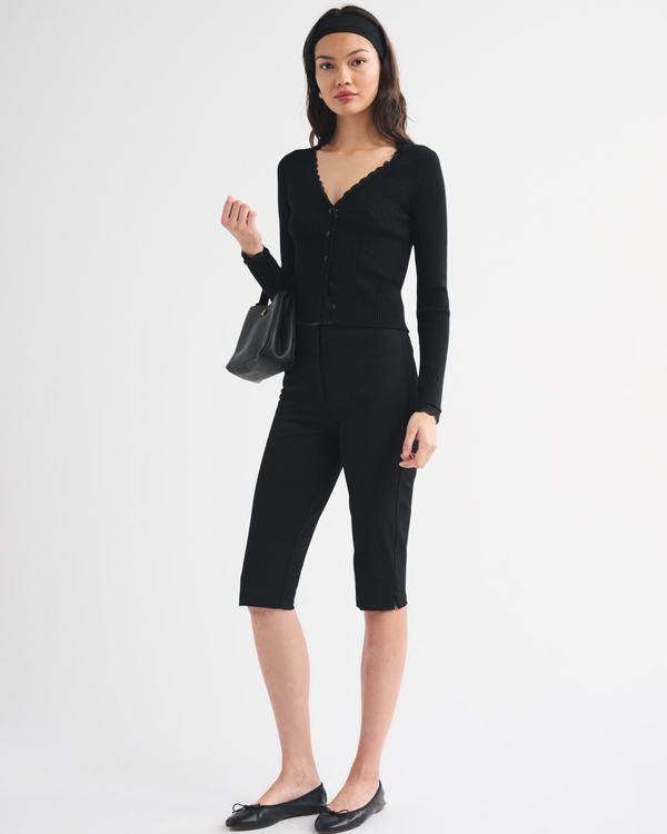 Lace-Trim Rib Cardigan, Black view 2