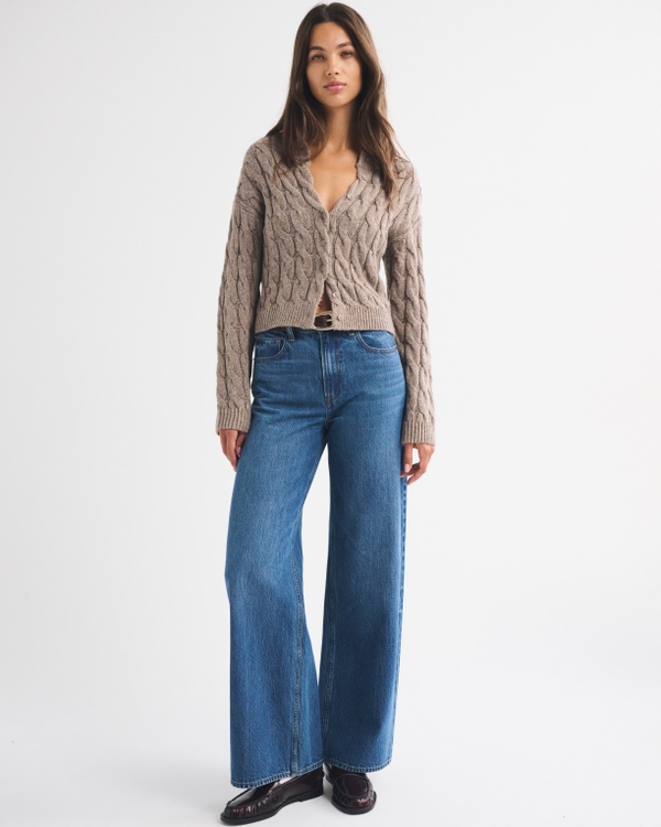 Airspun Cotton-Blend Cable Cardigan, Light Brown view 2