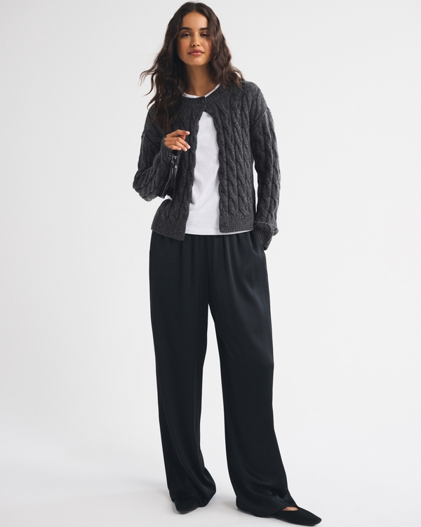 Airspun Cotton-Blend Cable Cardigan, Dark Gray view 2