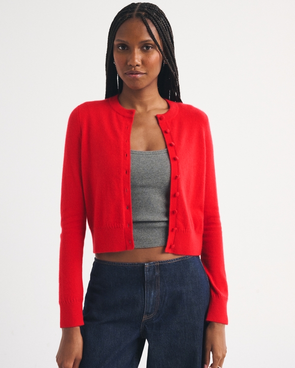 100% Cashmere Shrunken Cardigan, Vivid Red view 1