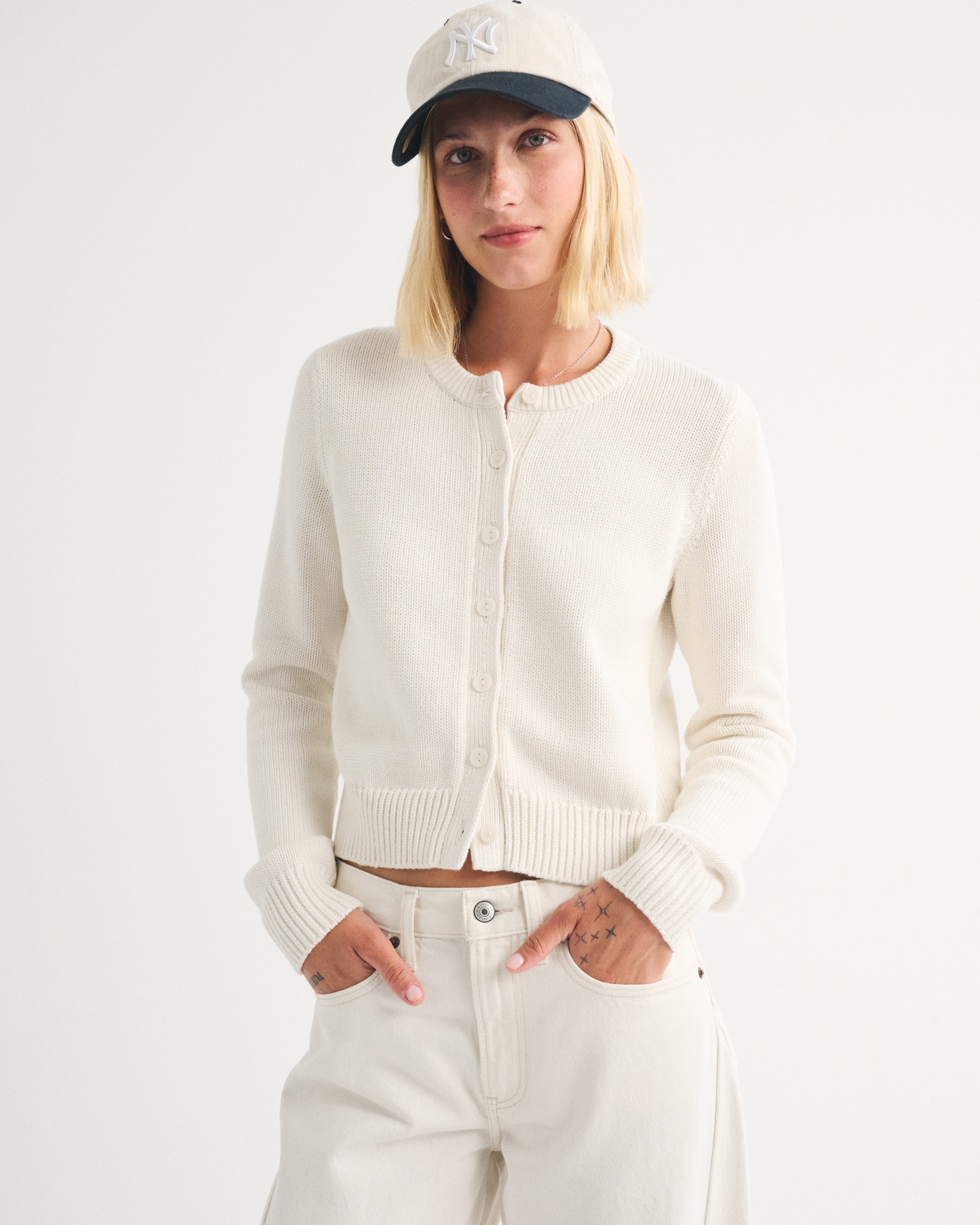 Женский кардиган Abercrombie & Fitch 100% Cotton Shrunken Crew, цвет: Кремовый — фото 2