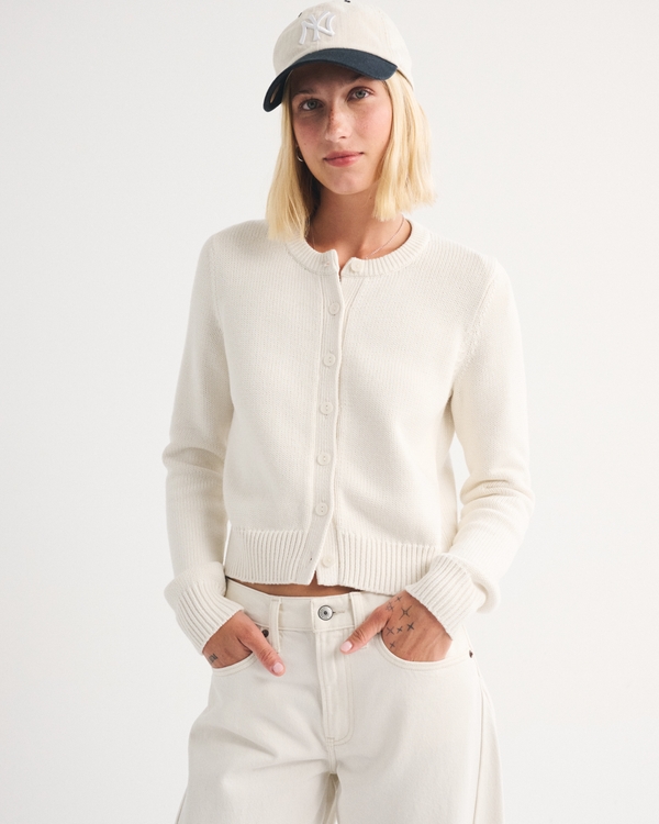 100% Cotton Shrunken Crew Cardigan, Cream view 1