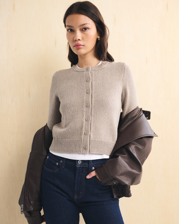 100% Cotton Shrunken Crew Cardigan, Sand view 1