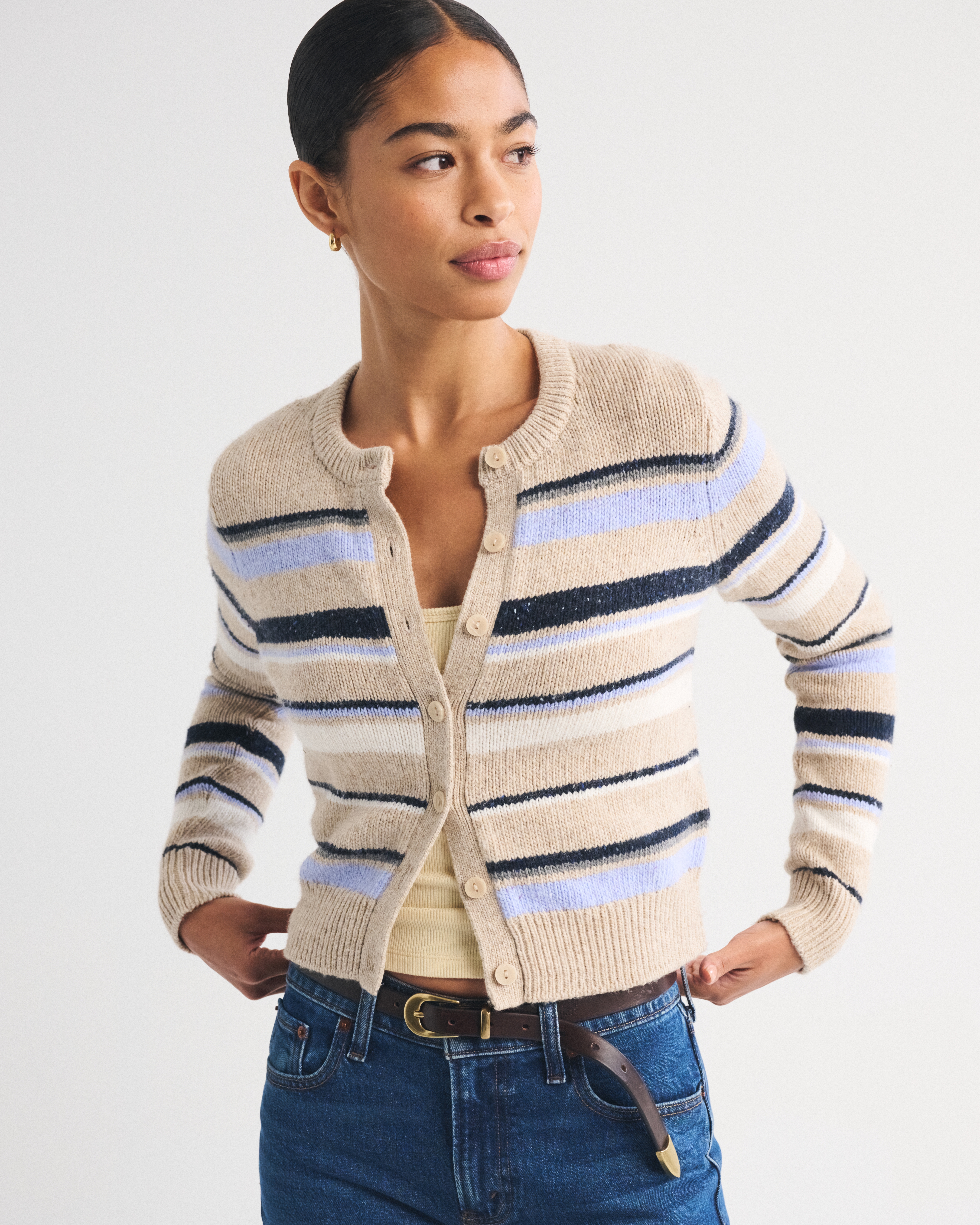 Женский кардиган Abercrombie & Fitch Wool-Blend Shrunken Crew, цвет: Коричневый полосатый — фото 2