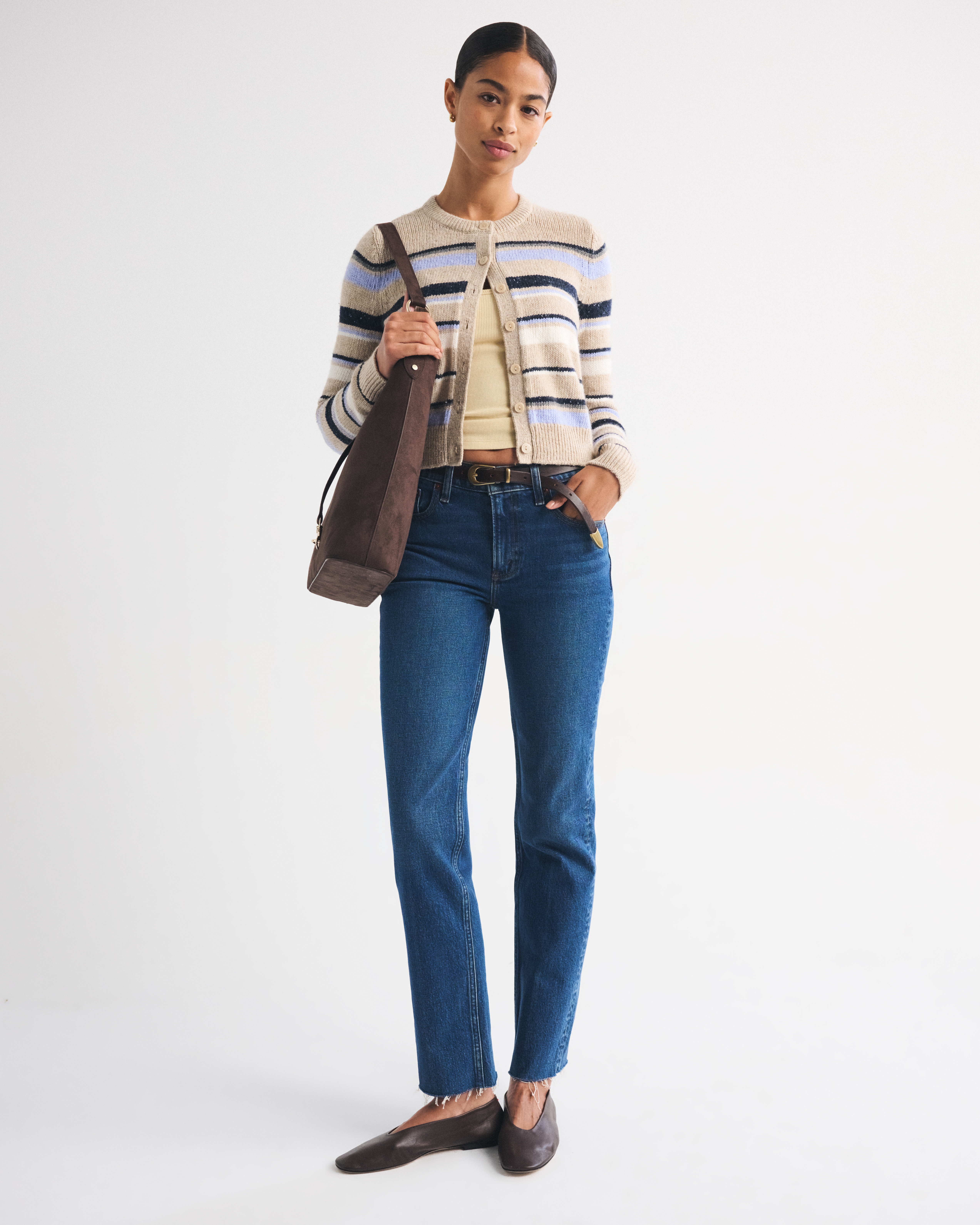 Женский кардиган Abercrombie & Fitch Wool-Blend Shrunken Crew, цвет: Коричневый полосатый — фото 3