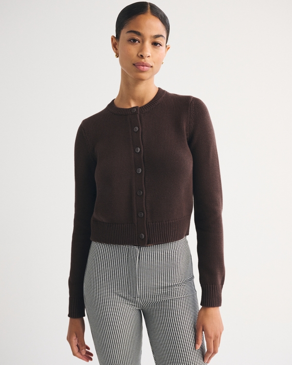 100% Cotton Shrunken Crew Cardigan, Dark Coffee view 1