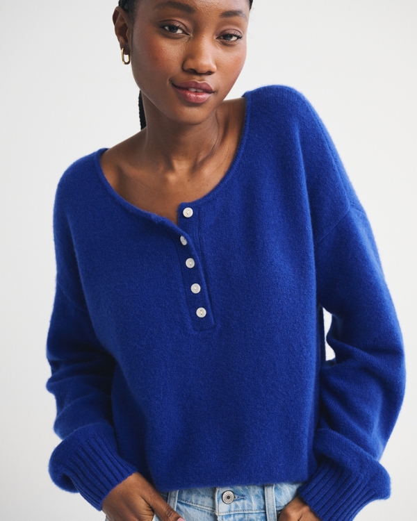 Merino Wool-Blend Henley Sweater, Twilight Blue view 1