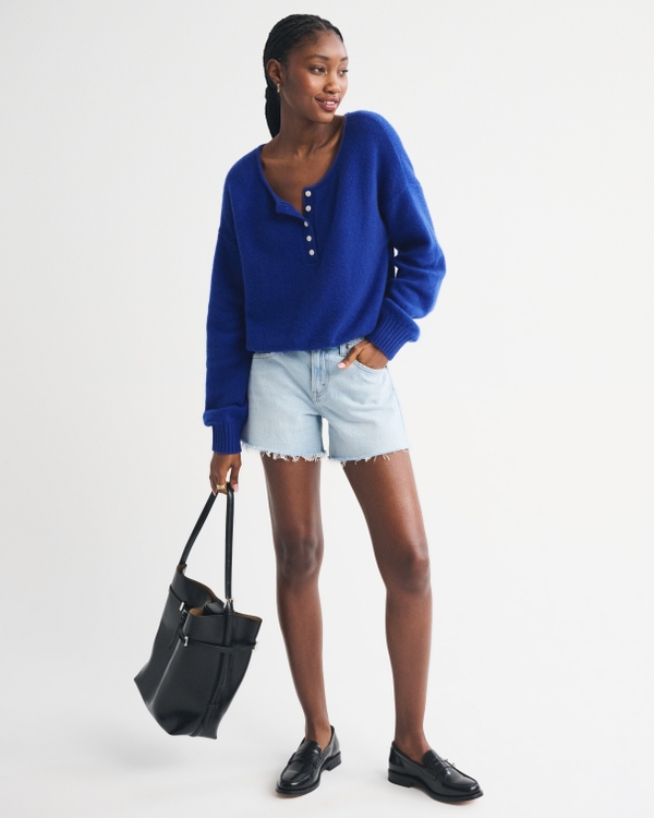 Merino Wool-Blend Henley Sweater, Twilight Blue view 2